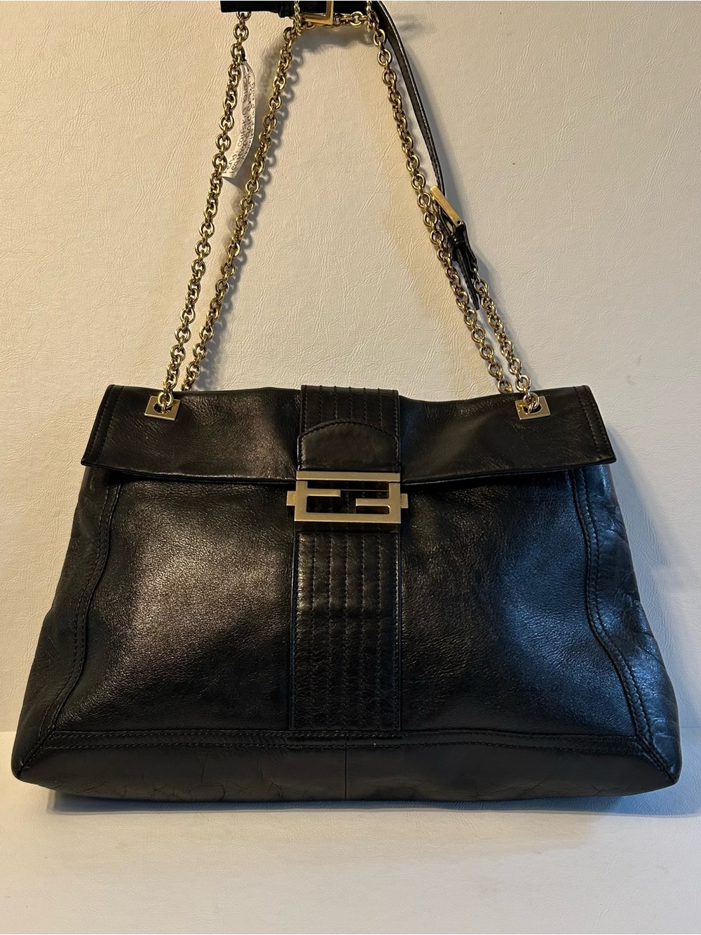 Fendi Black Calfskin Leather Chain-Handle Crossbody Shoulder Baguette Flap Bag